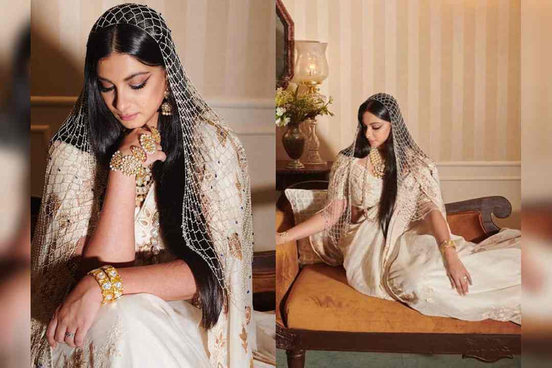 Rhea Kapoor wore probably the most lovely pearl veil and chanderi sari for her marriage ceremony